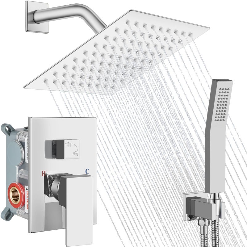 Midanya Shower Faucet Set,Wall Mount Shower System with Square Rain Shower Head and Hand Sprayer, Rough-in Valve Body and Trim Kit Included,8 Inch,Polish Chrome - Image 1